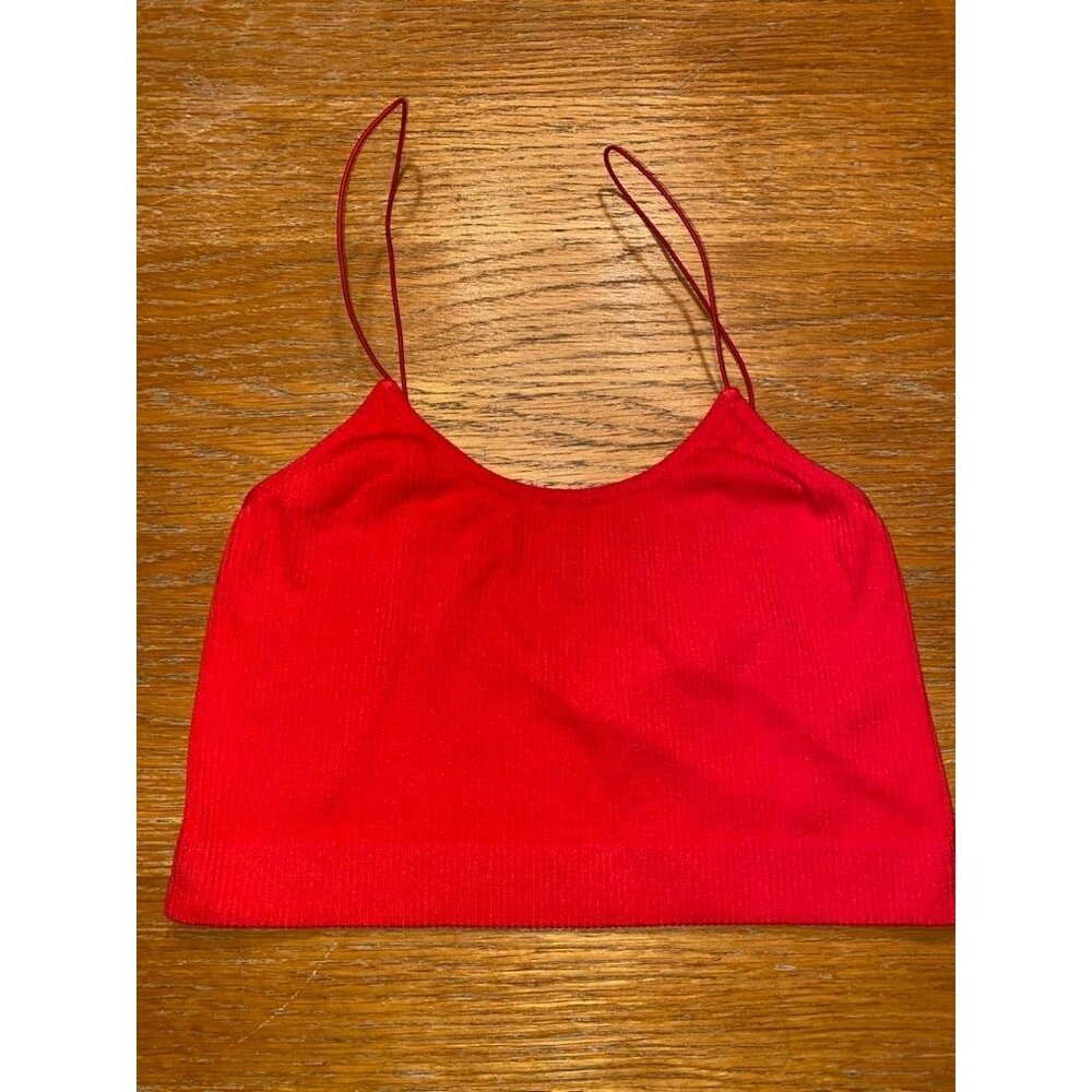 Red Ribbed Knit Spaghetti Strap Crop Top - Youthful & Vibrant Fashion Statement